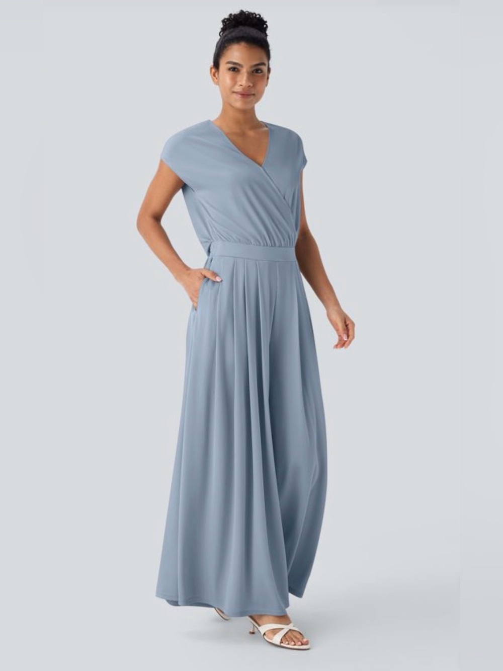 NWT Halara Neck Short Sleeve Pocket Wide Leg Flowy Waffle Jumpsuit Med Petite
